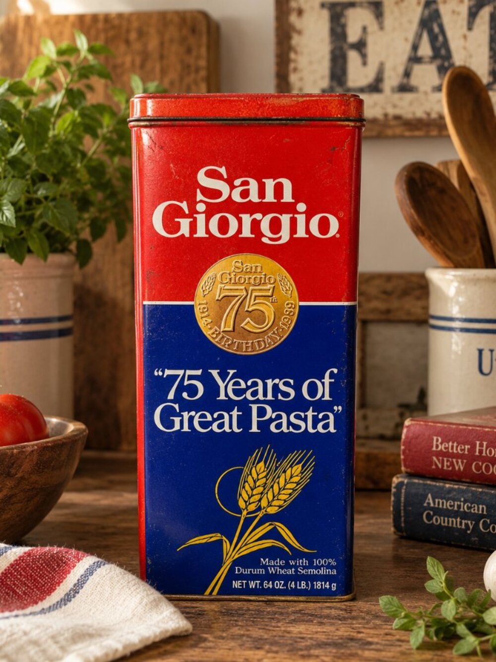 Vintage San Giorgio Spaghetti Tin 75th Anniversary 1989 Pasta Storage Canister